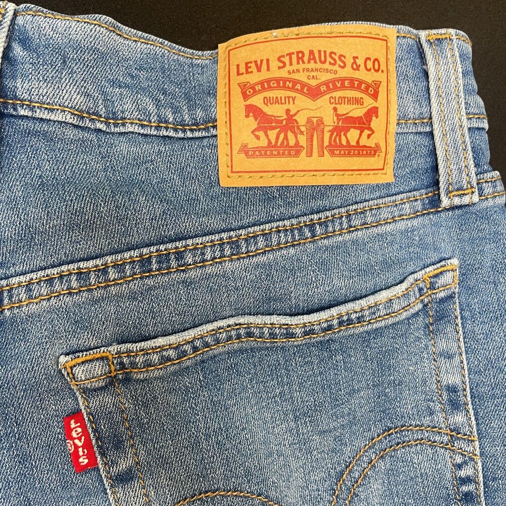 ~ Levi's 29 Jean Shorts Cut Off Hi-Rise Med Wash Distressed Frayed Raw Rips Blue